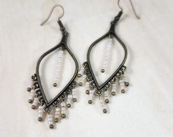 Bronze Dangle Earrings, Handmade Cream Seed Bead Boho Style