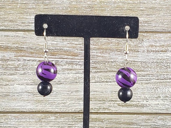 Purple Earrings, Black Earrings, Animal Print Earrings, Bead