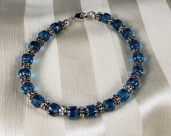 Pulsera de cuentas de cristal checo azul: detalles en plata, 20 cm (8 pulgadas)