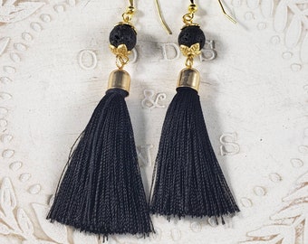 Black tassel earrings, tassel earrings, earrings, black earrings, handmade earrings, lava bead earrings, long earrings, gift for her
