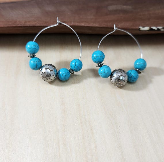 ターコイズビーズ付きシルバーフープピアス - Etsy 日本