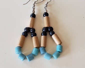 wood bead earrings, teardrop earrings,bead earrings, boho earrings, gift for her , handmade earrings, unique earrings, boho jewelry