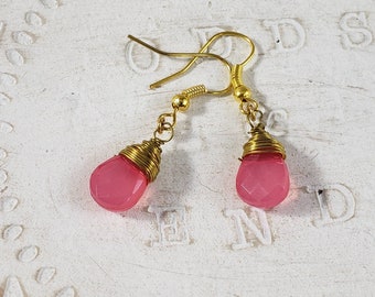 Pink faceted gold wire wrapped teardrop earrings, pink teardrop earrings,  dangle earrings, bridesmaids earrings, handmade