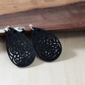 Black earrings, wood earrings, handmade earrings
