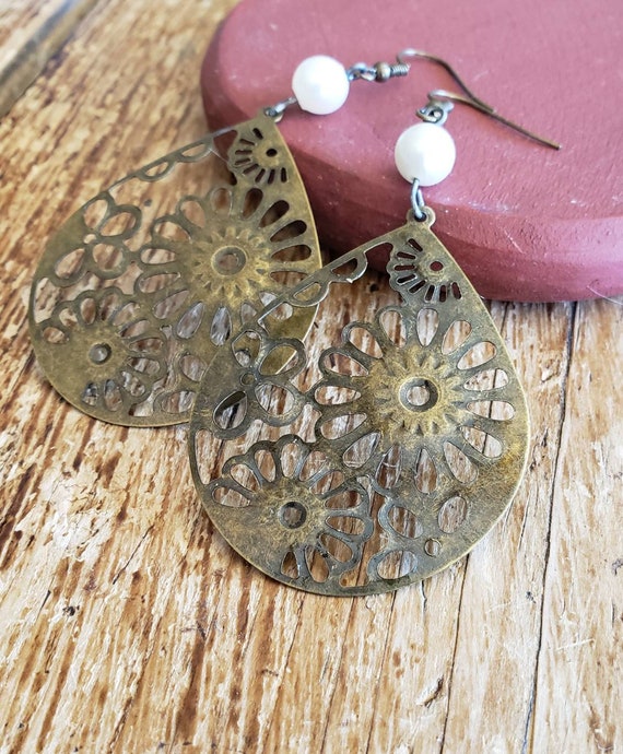 Large Earrings, Dangle Earrings, Bronze Earrings, Pearl Earrings