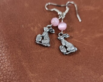 pink earrings, rabbit earrings, Easter jewelry, silver rabbit earrings