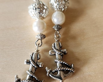 Silver Anchor Dangle Earrings with Pearls