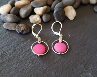 Pink earrings, silver earrings, handmade earrings, boho earrings, round earrings, dangle earrings, framed earrings, bead jewelry, gift for h