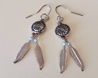 Silver feather earrings, dangle earrings, feather earrings, turquoise earrings,boho earrings, gift for her, drop earrings