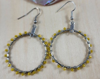 Yellow Beaded Hoop Earrings: Handmade Dangle Boho Jewelry