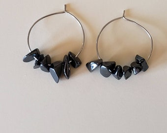 Brincos de argola de hematita: Brincos pendentes boho prateados