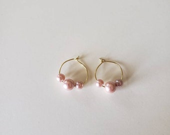 Pink Pearl Hoop Earrings: Gold Tone Boho Earrings