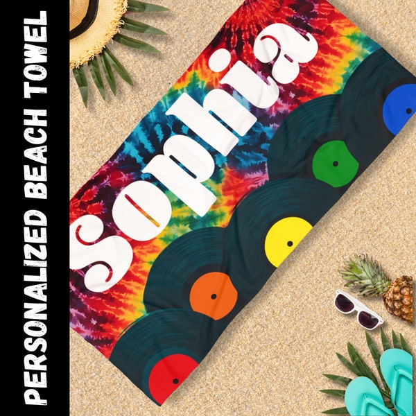 Personalisierte Strandtuch | Retro Aufnahmealbum und Regenbogen Tie Dye Benutzerdefinierte Sommer Strandtuch | Urlaub Geschenk | Personalisiertes Geschenk Y2K Geschenk