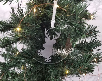 Etched Glass Holiday Ornament, Deer and Snowflake