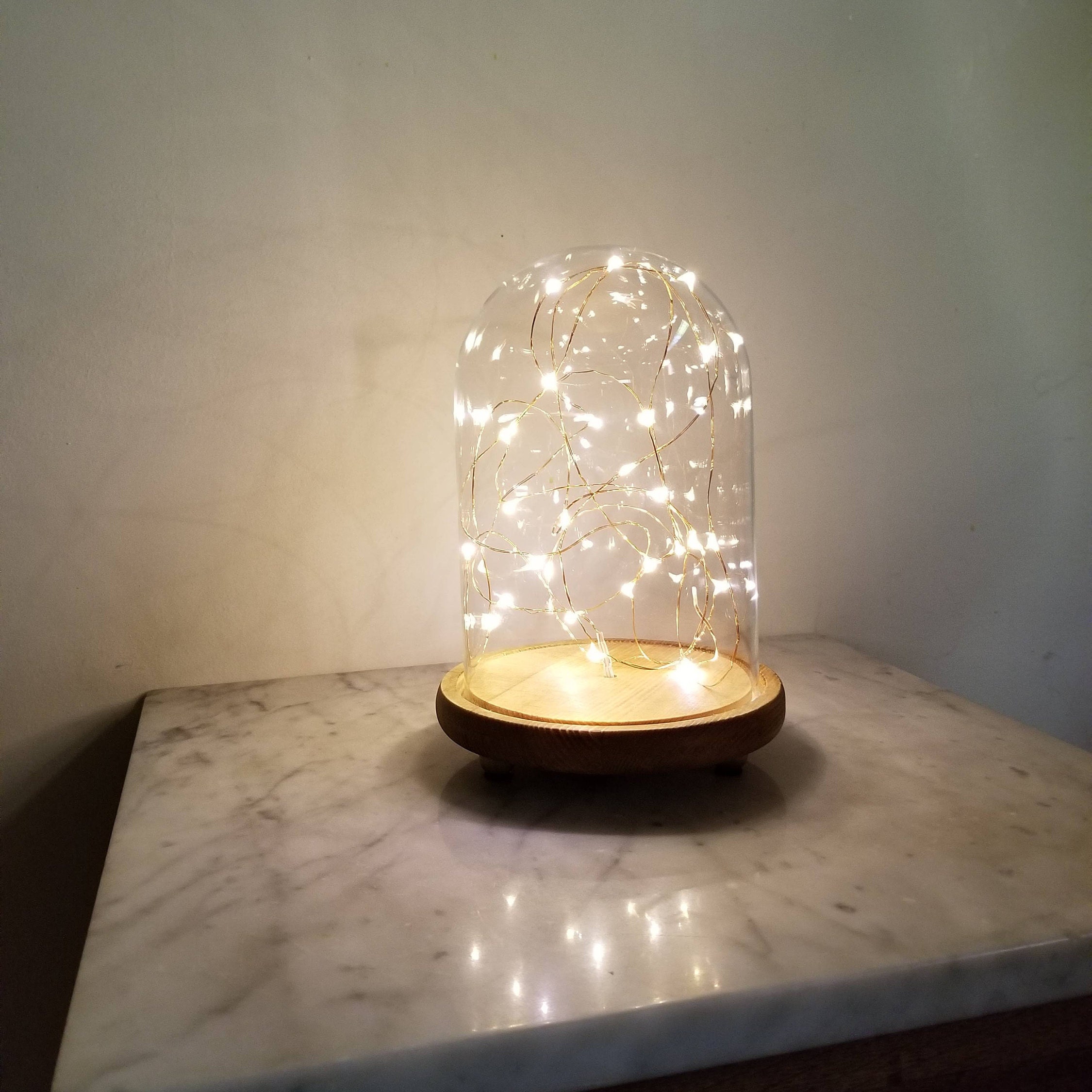 Glass Dome with Copper Lights and Natural Wood Base Etsy