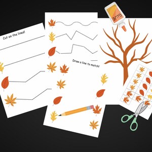May include: A printable autumn-themed activity sheet with instructions to cut on the lines, draw a line to match, and glue leaves onto a bare tree. The sheet includes a variety of colorful leaves and a tree outline.
