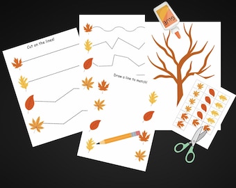 May include: A printable autumn-themed activity sheet with instructions to cut on the lines, draw a line to match, and glue leaves onto a bare tree. The sheet includes a variety of colorful leaves and a tree outline.