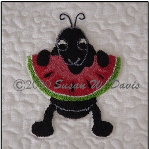 May include: A black ant with a big smile is holding a slice of watermelon. The watermelon is red with green rind. The ant is standing on a white background.