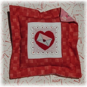 May include: A square, red and white checkered pillow with a heart-shaped design. The heart contains an envelope with a heart-shaped stamp. The pillow has a white border with red embellishments and a pink floral patterned backing.