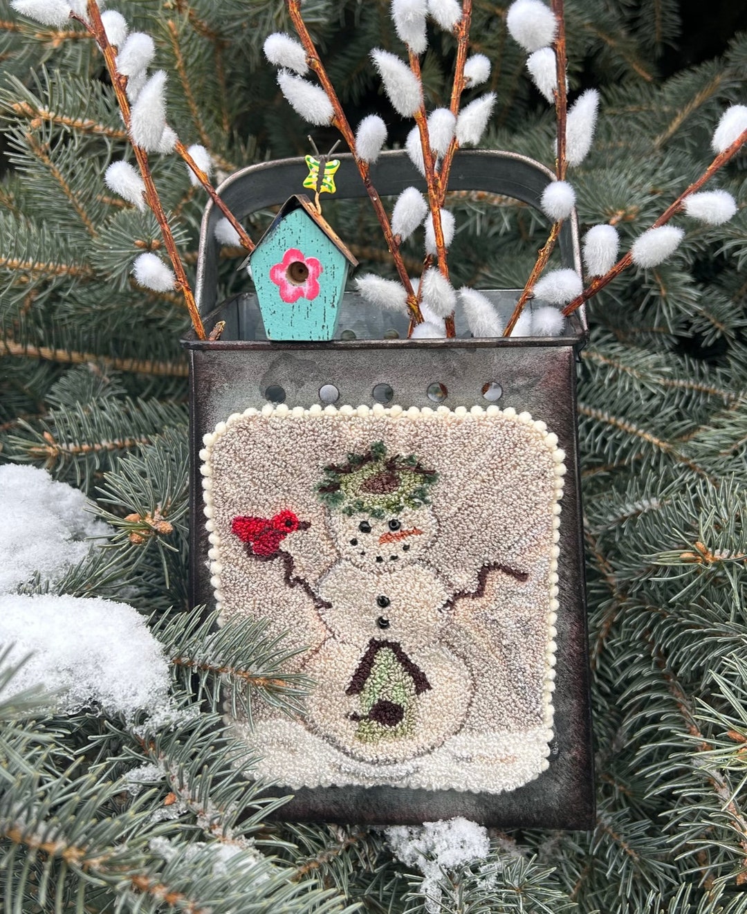 Springtime Snowman, Spring 2023, Punch Needle ,primitive Stitcher