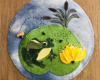Wild and Wonderful Stitch a Long #1, Down by the Lily Pond, Wool Applique, Block 3