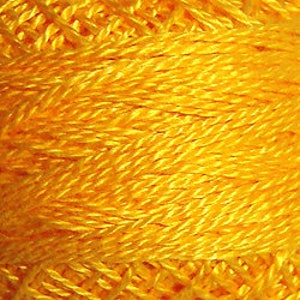 May include: Close-up of a tightly wound skein of bright yellow embroidery floss. The floss has a slight sheen, and the individual strands are visible. The color is a vibrant, sunny yellow, ideal for various craft projects.