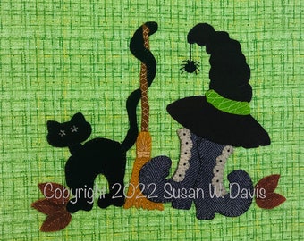 Boots and Brooms, Block #1, Halloween Ladies', Mystery Stitch a Long,  Wool Applique, Pre-Cut Motifs, Thread Kit