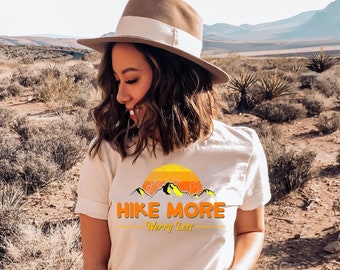 Hiking Shirt | Hike More Worry Less Ladies T-Shirt | Women's Adventure Camping Shirt, Outdoors Unisex Gear, Wanderlust Hiking Gift for Her