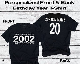 20th Birthday T-shirt | Legendary Since 2002 Limited Edition | Custom Name & Year | Fun Twentieth Personalized Gift Tee for Men Women Ladies