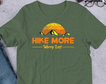 Hiking Shirt | Hike More Worry Less Short-Sleeve Unisex T-Shirt | Adventure Camping Gear, Outdoors, Wanderlust Tee, Mountains, Sun, Positive