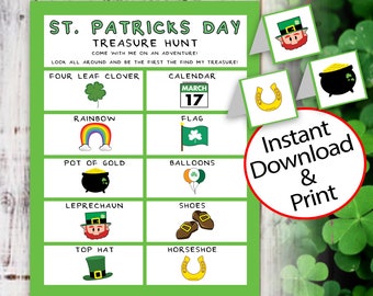 Búsqueda del tesoro del Día de San Patricio, Descargar e imprimir / Búsqueda de imágenes del tesoro Día de San Patricio para niños, Actividad de búsqueda de duendes, Juego de fiesta para niños