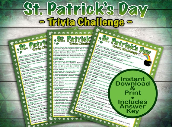 St Patricks Day Game, St Patricks Day Trivia Challenge, Adult Trivia Party Game, Teen Activity School Game | Instant Download & Printable  |