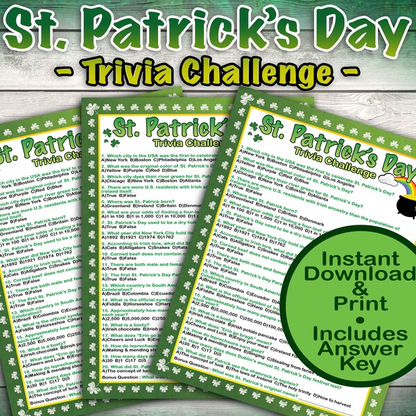 St Patricks Day Game, St Patricks Day Trivia Challenge, Adult Trivia Party Game, Teen Activity School Game | Instant Download & Printable  |