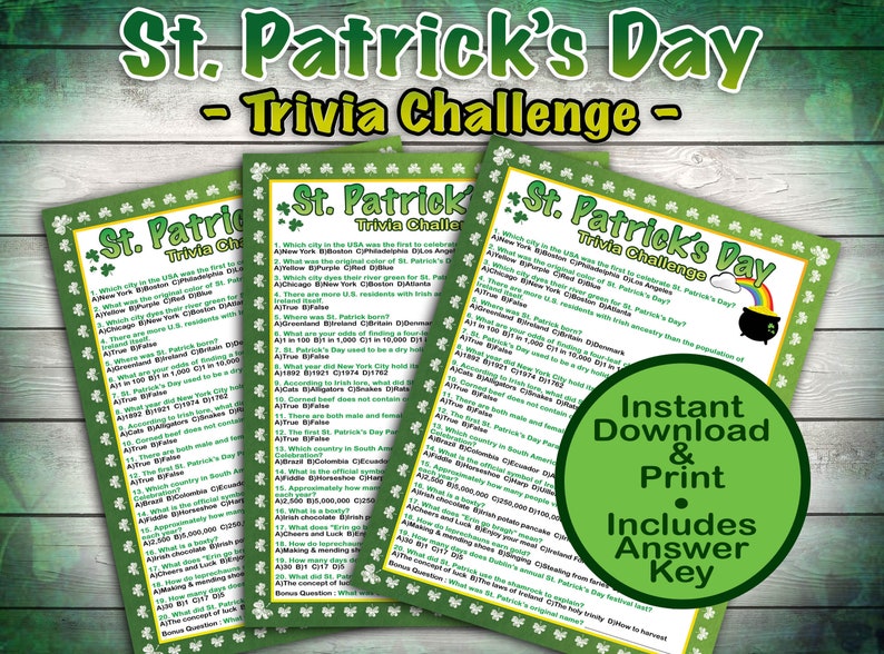 Puede incluir: Tarjetas de juego St. Patrick's Day Trivia Challenge con bordes de tr&eacute;boles verdes y preguntas de trivia. Incluye una clave de respuestas. Tambi&eacute;n se ven las palabras "Descarga instant&aacute;nea e impresi&oacute;n".