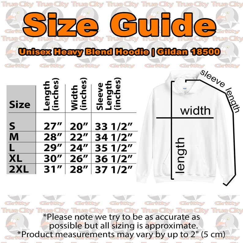 Puede incluir: Tabla de tallas para una sudadera con capucha unisex de mezcla pesada. La tabla muestra la talla, la longitud, el ancho y la longitud de la manga en pulgadas. Las tallas son S, M, L, XL y 2XL.