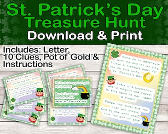 Pistas para la búsqueda del tesoro del Día de San Patricio, descarga e imprime / Búsqueda del tesoro de la olla de oro para niños, Actividad de búsqueda de duendes para niños, Juego de fiesta