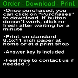 Puede incluir: Fondo negro con texto verde que dice "Ordenar - Descargar - Imprimir". Instrucciones para descargar despu&eacute;s de la compra, imprimir en papel de 21,6 x 27,9 cm y la inclusi&oacute;n de una clave de respuestas. Se proporciona informaci&oacute;n de contacto.