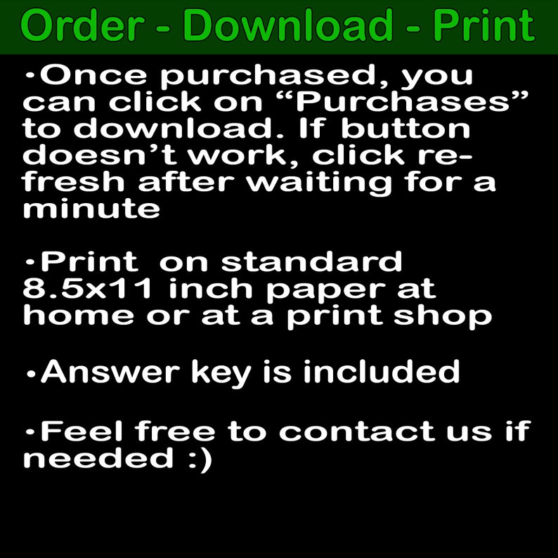 Puede incluir: Fondo negro con texto verde que dice "Ordenar - Descargar - Imprimir". Instrucciones para descargar despu&eacute;s de la compra, imprimir en papel de 21,6 x 27,9 cm y la inclusi&oacute;n de una clave de respuestas. Se proporciona informaci&oacute;n de contacto.