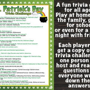 Puede incluir: Juego de trivia del D&iacute;a de San Patricio con preguntas y respuestas. El juego incluye una lista de preguntas de trivia con respuestas de opci&oacute;n m&uacute;ltiple. Dise&ntilde;ado para todas las edades, para jugar en casa o en la escuela.