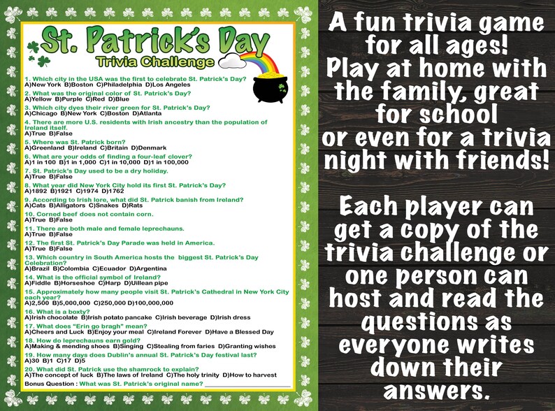 Puede incluir: Juego de trivia del D&iacute;a de San Patricio con preguntas y respuestas. El juego incluye una lista de preguntas de trivia con respuestas de opci&oacute;n m&uacute;ltiple. Dise&ntilde;ado para todas las edades, para jugar en casa o en la escuela.