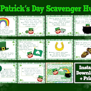 May include: A St. Patrick's Day Scavenger Hunt printable with green shamrock borders. The design includes illustrations of a rainbow, leprechauns, a pot of gold, and clues for a fun holiday activity. Text reads "Instant Download + Print."