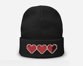 8-Bit Heart Life Meter Embroidered Beanie | Gamer Chic | Nerdy Gift for Him or Her | Unisex Headwear | Classic Video Game Warm Winter Hat