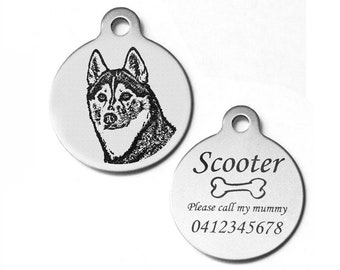 SIBERIAN HUSKY Dog Personalised Laser Engraved Aluminium Lost Pet Dog ID Tag 31mm Round & Free Split Ring