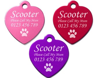 Heart Dog ID Tag Custom Aluminium Laser Engraved Personalised Personalized Customised Collar Pendant Pet Puppy Cat + Free Split Ring