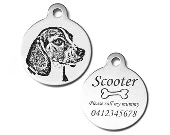 Beagle Dog Personalised Laser Engraved Lost Pet Dog ID Tag 31mm Round & Free Split Ring