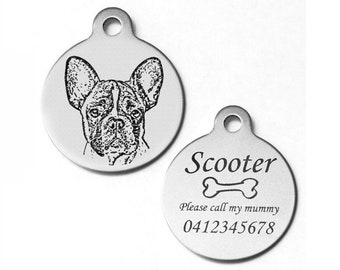 French Bulldog Dog Personalised Laser Engraved Aluminium Lost Pet Dog ID Tag 31mm Round & Free Split Ring