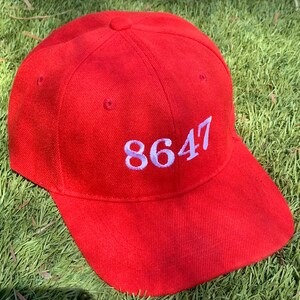 May include: A bright red baseball cap with the number "8647" embroidered in light blue on the front. The cap is made of a soft fabric and has a curved brim. The hat is sitting on a bed of green grass.