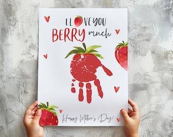 Empreinte de main aux fraises, souvenir imprimable de la fête des mères, créations artistiques d'empreinte de main pour la fête des mères de grand-mère, activité préscolaire, cadeaux pour maman et enfant