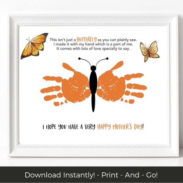 Mothers Day Handprint Printable Kids Art, Butterfly Handprint Crafts, Family Handprint Art, Spring Toddler Activity, Handprint Keepsake