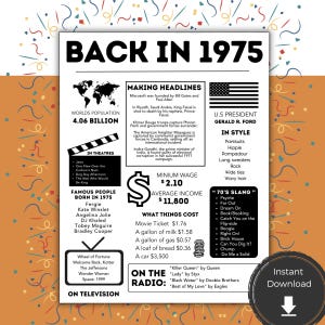 May include: A colorful infographic poster with the title "Back in 1975" and information about the year 1975, including world population, minimum wage, average income, popular movies, music, and slang. The poster is designed to look like a newspaper.